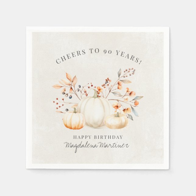 90th Birthday White Pumpkin Fall Leaves Custom Napkin (Front)