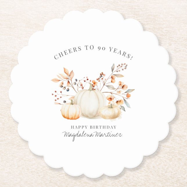 90th Birthday White Pumpkin Fall Leaves Custom Paper Coaster (Front)
