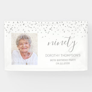 90th Birthday White Silver Confetti Photo Banner