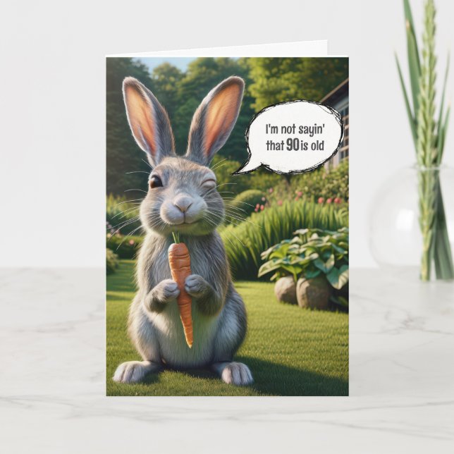 90th Birthday Winking Rabbit With a Carrot Card (Front)
