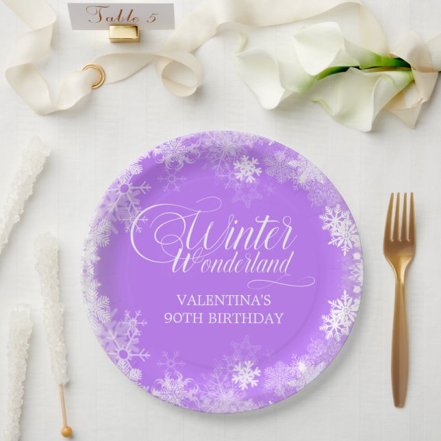 90th Birthday Winter Wonderland Snowflake Purple Paper Plate (Wedding)