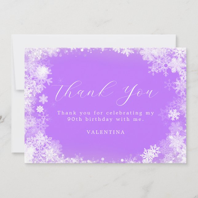 90th Birthday Winter Wonderland Snowflake Purple Thank You Card (Front)