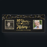 90th Birthday YEARS IN THE MAKING String Lights Banner<br><div class="desc">Honour and celebrate the 90-year-old and welcome party guests with this black and gold banner sign featuring two photos (perhaps a THEN and NOW theme) of the birthday man or woman. The design features retro typography stating 90 YEARS IN THE MAKING and lets you personalize it by including their birth...</div>