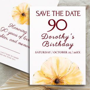 90th Birthday Yellow Flower, Elegant Save the Date