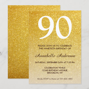 90th Birthday Yellow Gold Glitter Sparkle Ombre Invitation