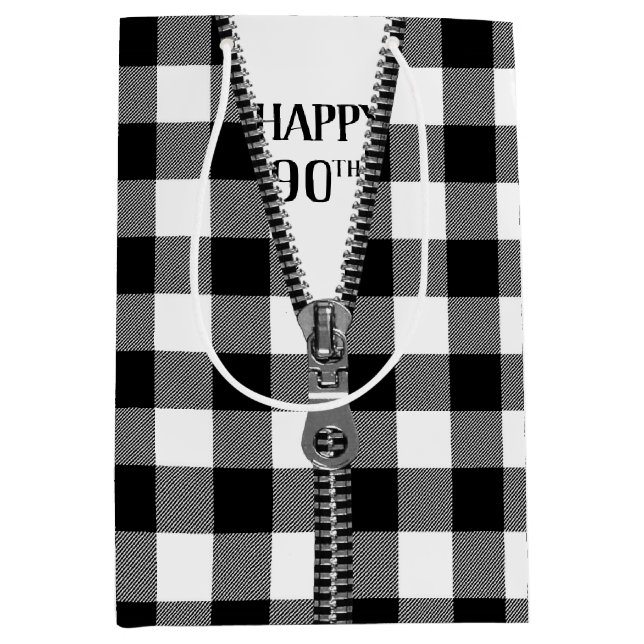 90th Birthday Zipper On Buffalo Plaid Medium Gift Bag (Front)