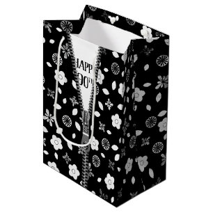 90th Birthday Zipper On Flowers Medium Gift Bag