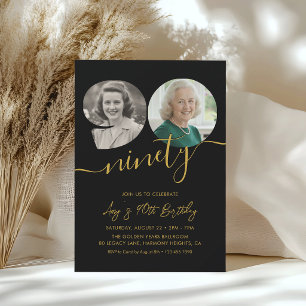 90th Black and Gold Birthday Photo Invitation