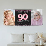90th Black Pink Happy Birthday Photo Banner<br><div class="desc">Milestone girly ninetieth birthday party banner featuring a trendy black background,  2 large photos,  pink sparkle glitter,  90 pink hellium balloons,  and a custom celebration template that is easy to personalize.</div>