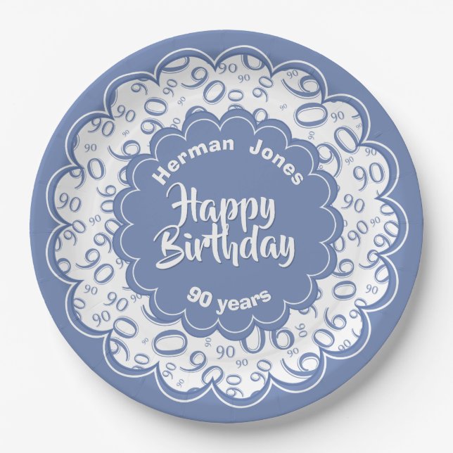 90th Blue/White Random Number Pattern Paper Plate (Front)