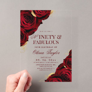 90th Burgundy Gold Roses Birthday Acrylic Invitations