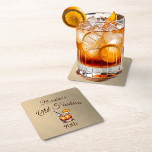 90th Cocktail Male Old Fashion Birthday  Square Paper Coaster