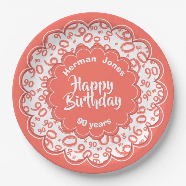 90th Coral/White Random Number Pattern Paper Plate (Front)