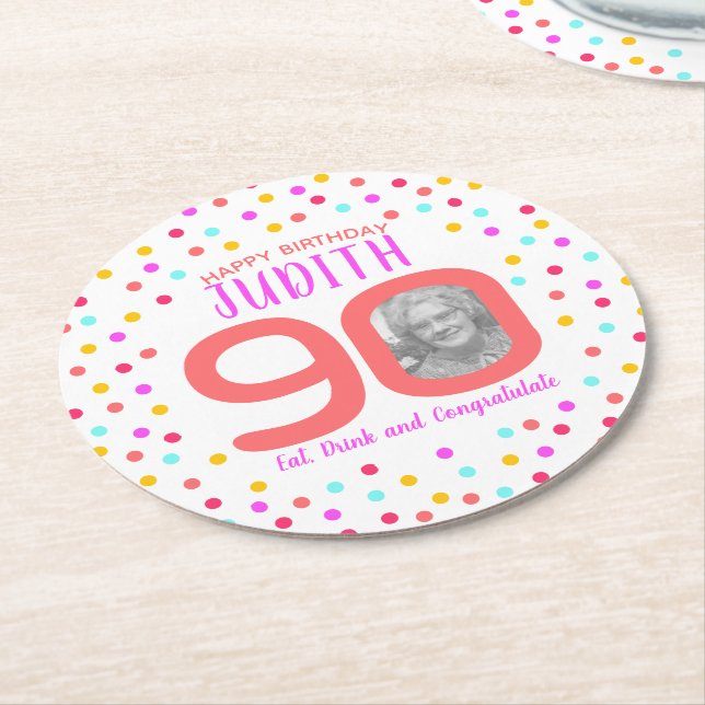 90th custom photo colourful coral confetti birthda round paper coaster (Angled)