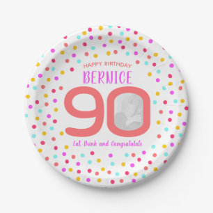 90th custom photo colourful coral confetti paper plate