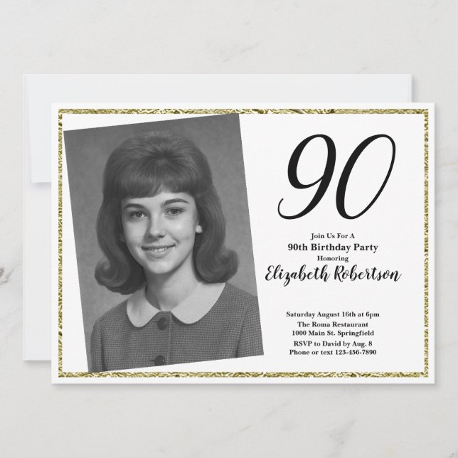 90th Custom Photo White and Gold  Invitation (Front)