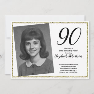 90th Custom Photo White and Gold Invitation