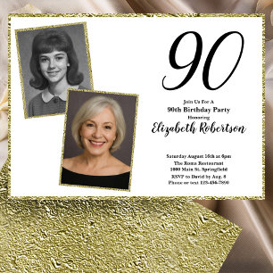 90th Custom Photo White and Gold  Invitation