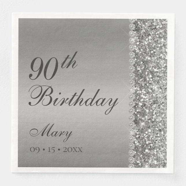 90th Elegant Silver Birthday Napkin (Front)