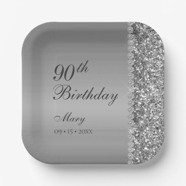 90th Elegant Silver Birthday Paper Plate (Front)