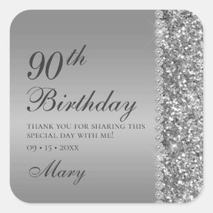 90th Elegant Silver Birthday Square Sticker