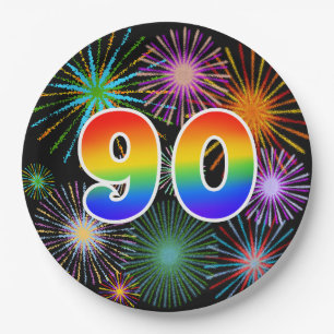 90th Event - Fun, Colorful, Bold, Rainbow 90 Paper Plate