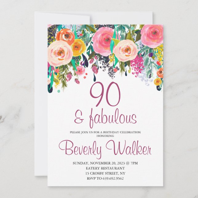 90th Fabulous Floral Watercolor Birthday Party Invitation (Front)