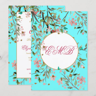 90th Floral Aqua Blue Elegant  Monogram Birthday Invitation
