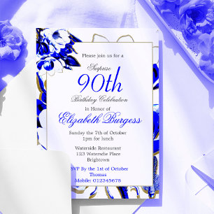 90th Floral Blue and White Spring Elegant Birthday Invitation