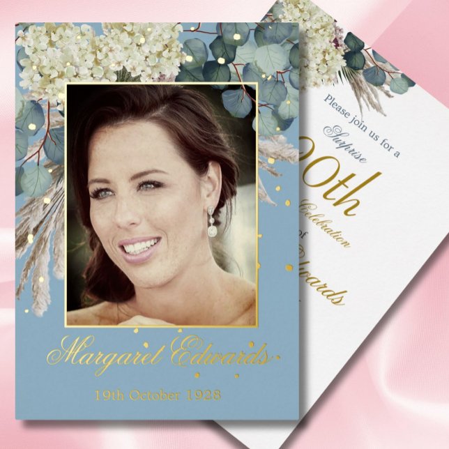 90th Floral Blue Elegant Photo Birthday (Creator Uploaded)