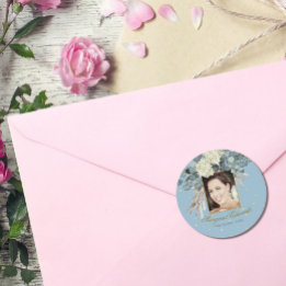 90th Floral Blue Gold Elegant Photo Birthday Classic Round Sticker