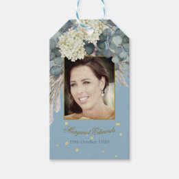 90th Floral Blue Gold Elegant Photo Birthday Gift Tags