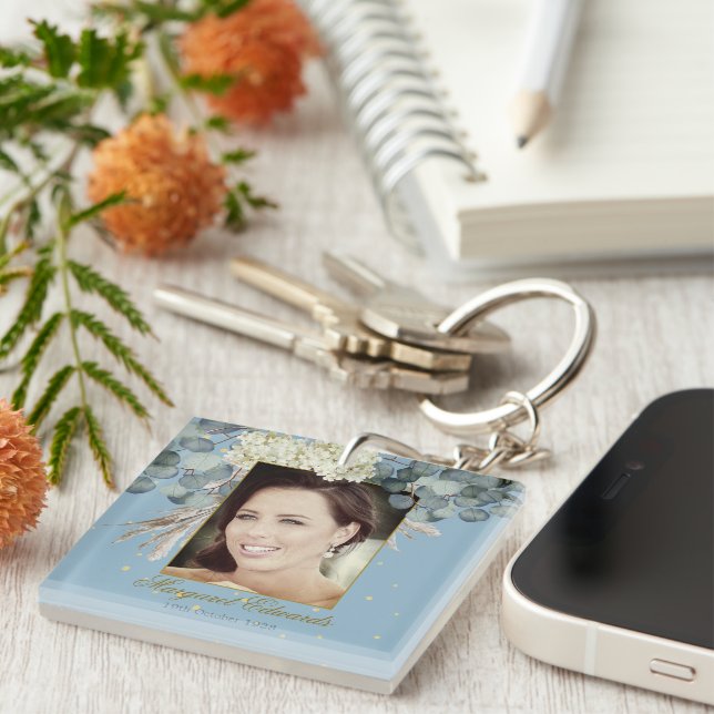90th Floral Blue Gold Elegant Photo Birthday Keychain (Front Right)