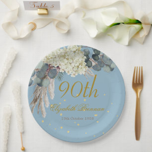 90th Floral Blue Gold Elegant Photo Birthday Paper Plate
