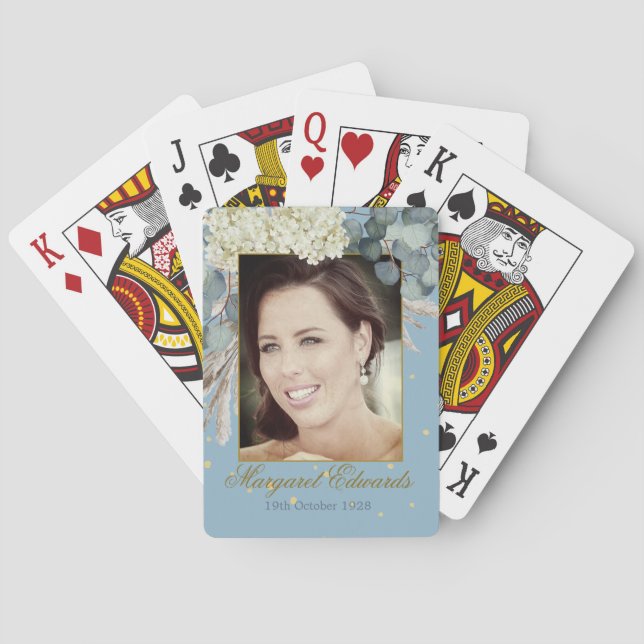 90th Floral Blue Gold Elegant Photo Birthday Playing Cards (Back)