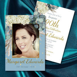 90th Floral Gold Surprise Elegant Photo Birthday Invitation