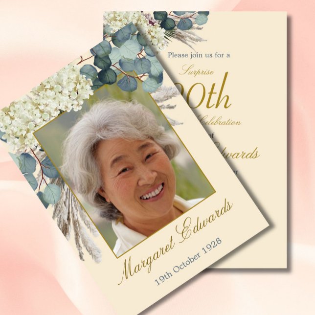 90th Floral Neutral Cream Elegant Photo Birthday Invitation (Creator Uploaded)