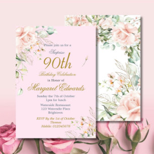 90th Floral Roses Pink Gold Elegant Birthday Invitation