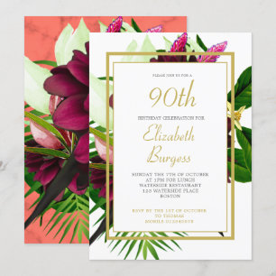 90TH  Gold Coral Floral Elegant Modern Birthday Invitation