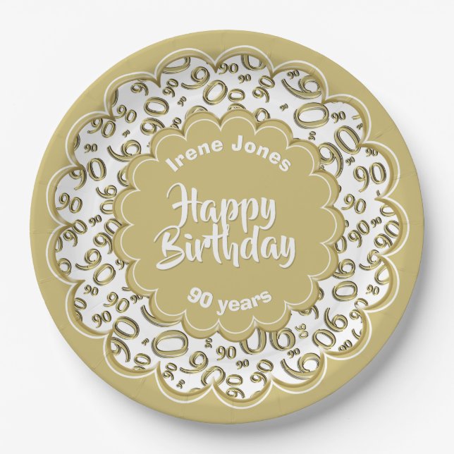 90th Gold/White Random Number Pattern Paper Plate (Front)