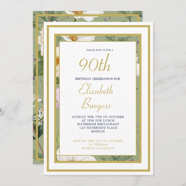 90TH Green Gold Floral Elegant Modern Birthday Invitation (Front/Back)