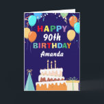 90th Happy Birthday Balloons Cake Navy Blue Card<br><div class="desc">90th Happy Birthday Colourful Balloons Cake Navy Blue with personalized name. For further customization,  please click the "Customize it" button and use our design tool to modify this template.</div>