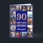 90th Happy Birthday Navy Blue & Gold Photo Collage Card<br><div class="desc">90th Happy Birthday Navy Blue and Gold Photo Collage Birthday Card. For further customization,  please click the "Customize it" button and use our design tool to modify this template.</div>