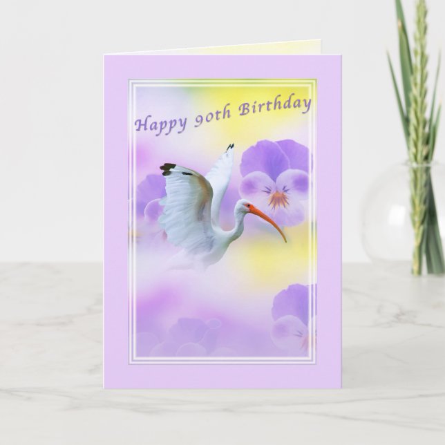 90th Ibis Bird and Pansy Birthday Card (Front)