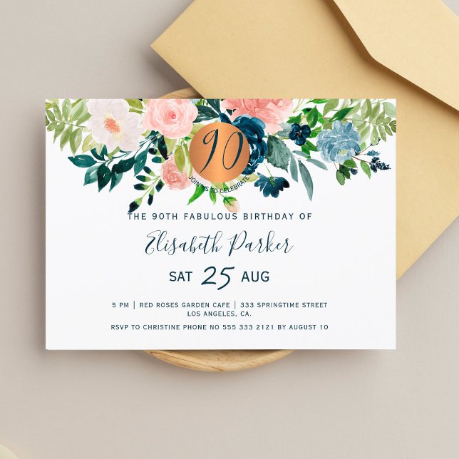 90th Modern navy floral watercolor birthday party Invitation (Creator Uploaded)