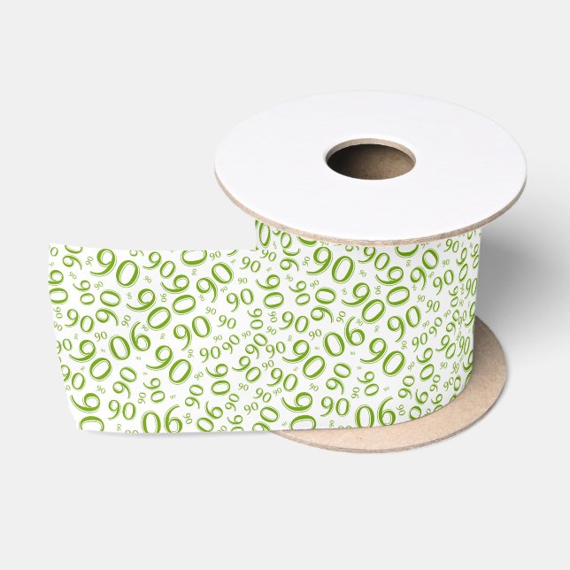 90th Modern Random Number Pattern Green/White Satin Ribbon (Spool)