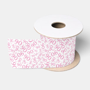 90th Modern Random Number Pattern Pink/White Satin Ribbon