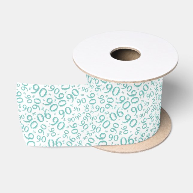 90th Modern Random Number Pattern Teal/White Satin Ribbon (Spool)
