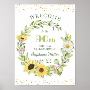 90th Ninetieth Birthday Party Sunflower Welcome Poster