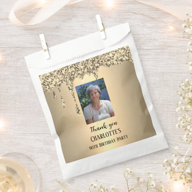 90th Ninety Elegant Birthday Party Gold Favour Bag (Clipped)